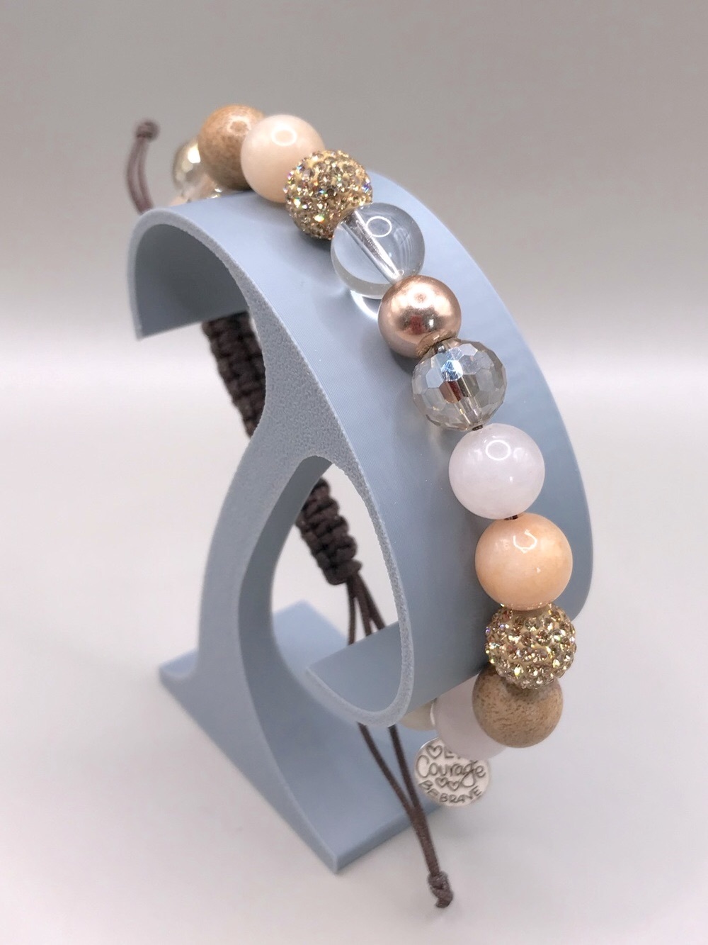 Natural Stone & Gold-Tone Beaded Bracelet with Charm